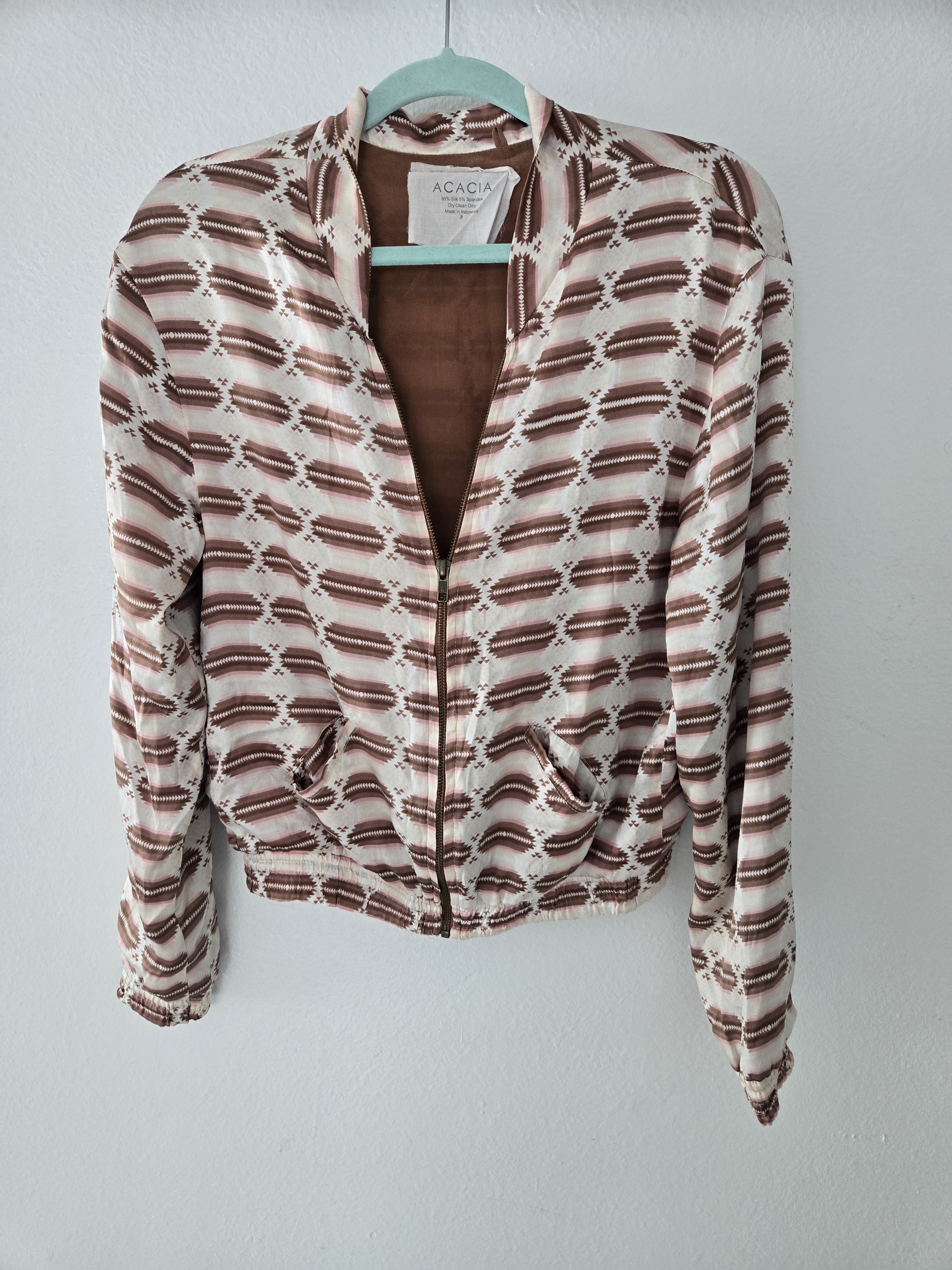 Acacia Brown & Cream Patterned Bomber Jacket Silk 100% S